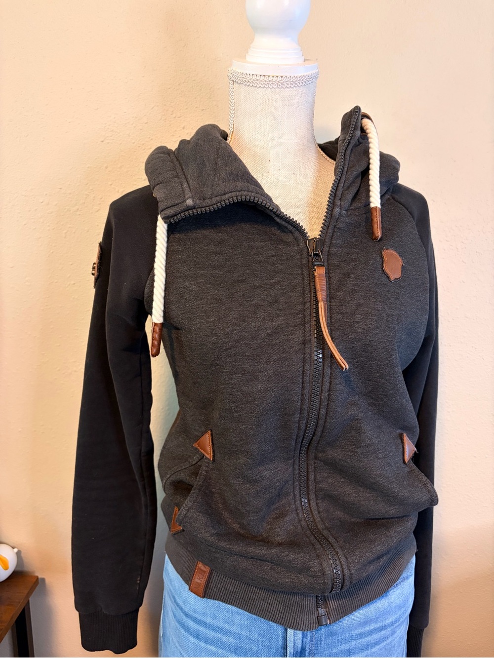 Naketano Dark Charcoal & Black Hooded Zip Bomber Jacket